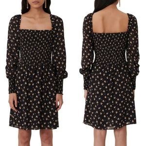 Maje Rithik Smocked Dress Viscose Long Sleeve Mini Bouquet Floral Black T38 NWT